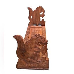 Vintage Hand Carved Wooden Sliding Bookends Squirrels Expandable Teak Wood